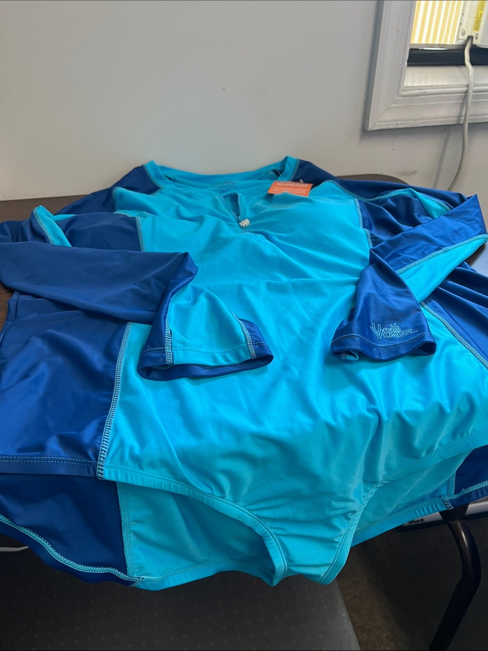 Women’s Long Sleeve One-Piece Swimsuit in Turquoise & Navy